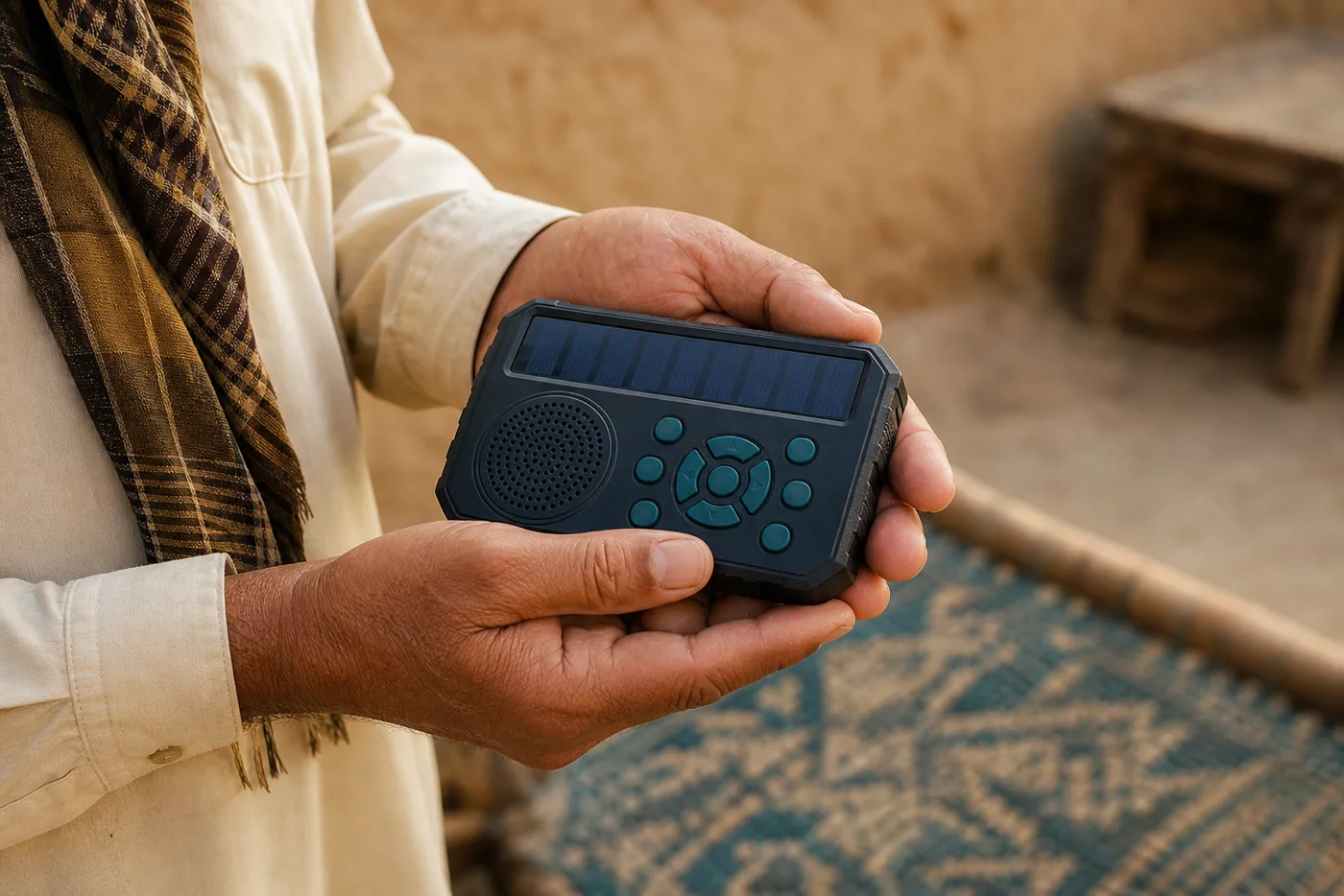 Solar-powered audio player held in an adult's hands